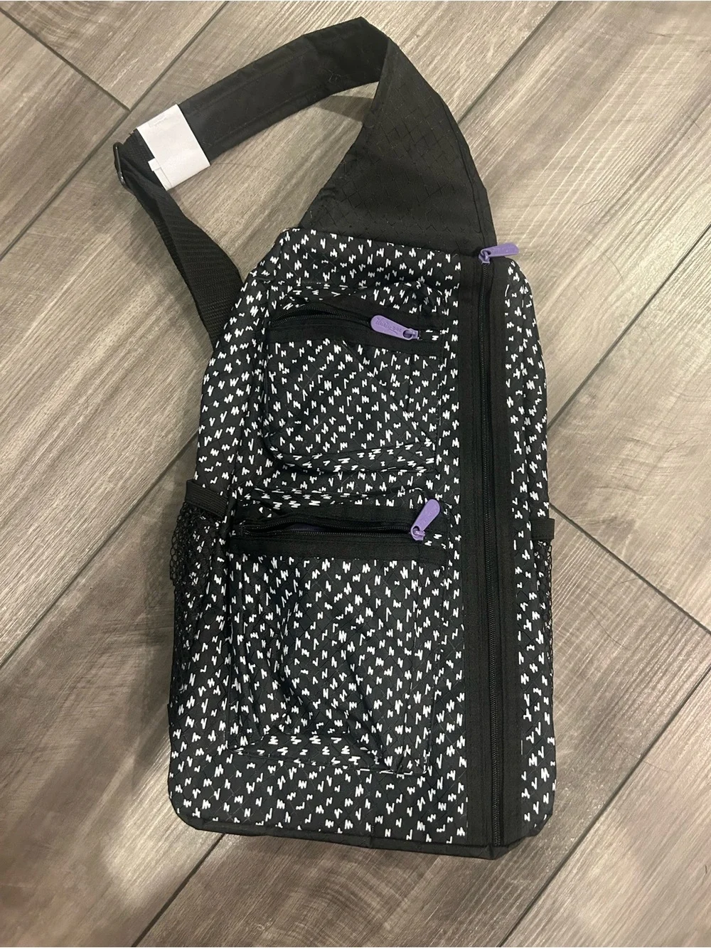 thirty-one Black Patterned Sling Bag with Purple Zippers